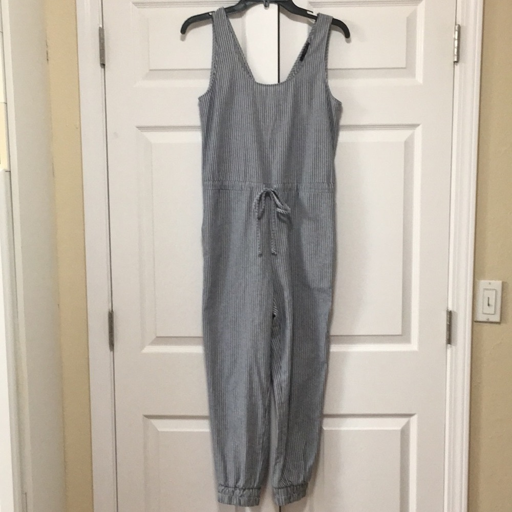 DREW Navy and White Pinstripe Sleeveless Jumpsuit